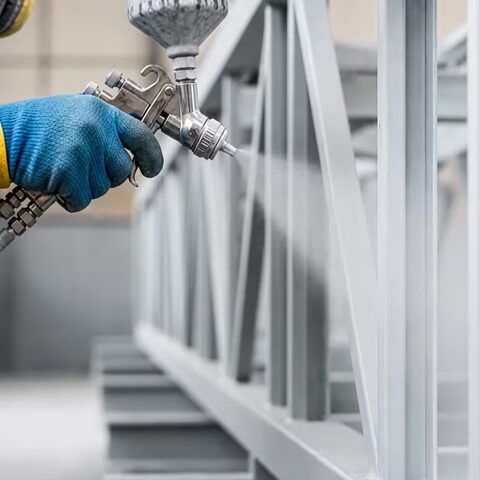 Surface preparation and coating spray application on a steel structure for industrial corrosion protection.